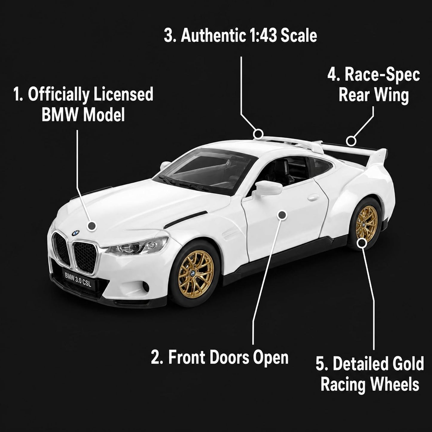 BMW 3.0 CSL Official Licensed 1:42 Scale Die Cast Model Car – Premium Metal Collectible with Opening Doors | White