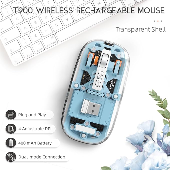Transparent Shell T900 Wireless Rechargeable Mouse – Type-C Charging, Tri-Mode Connectivity & 4-Level Adjustable DPI