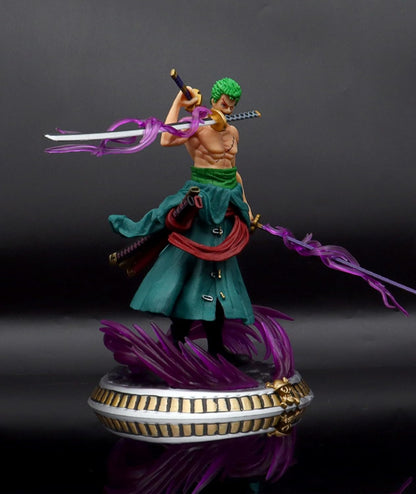 Roronoa Zoro Three Sword Style Action Figure with Purple Aura Effect – 19cm One Piece Anime Collectible PVC Statue | Premium Display Model for Anime Fans & Collectors