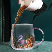 Pink Flamingo Double Wall Glass Mug with Handle | Cute Aesthetic Coffee & Tea Cup | Heat Resistant Transparent Glass Mug