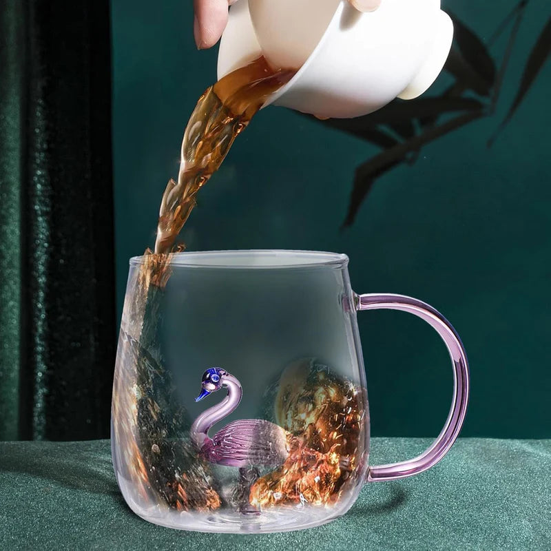 Pink Flamingo Double Wall Glass Mug with Handle | Cute Aesthetic Coffee & Tea Cup | Heat Resistant Transparent Glass Mug