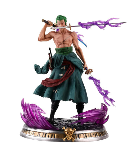 Roronoa Zoro Three Sword Style Action Figure with Purple Aura Effect – 19cm One Piece Anime Collectible PVC Statue | Premium Display Model for Anime Fans & Collectors