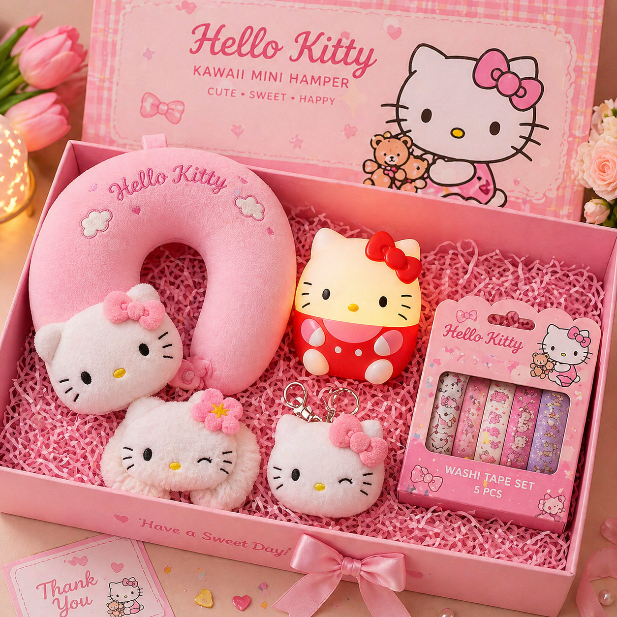 Hello Kitty Mini Kawaii Gift Hamper (5 Items) 💖 Cute Plush Neck Pillow, Hair Rope, Night Lamp, Keychain & Washi Tape Set