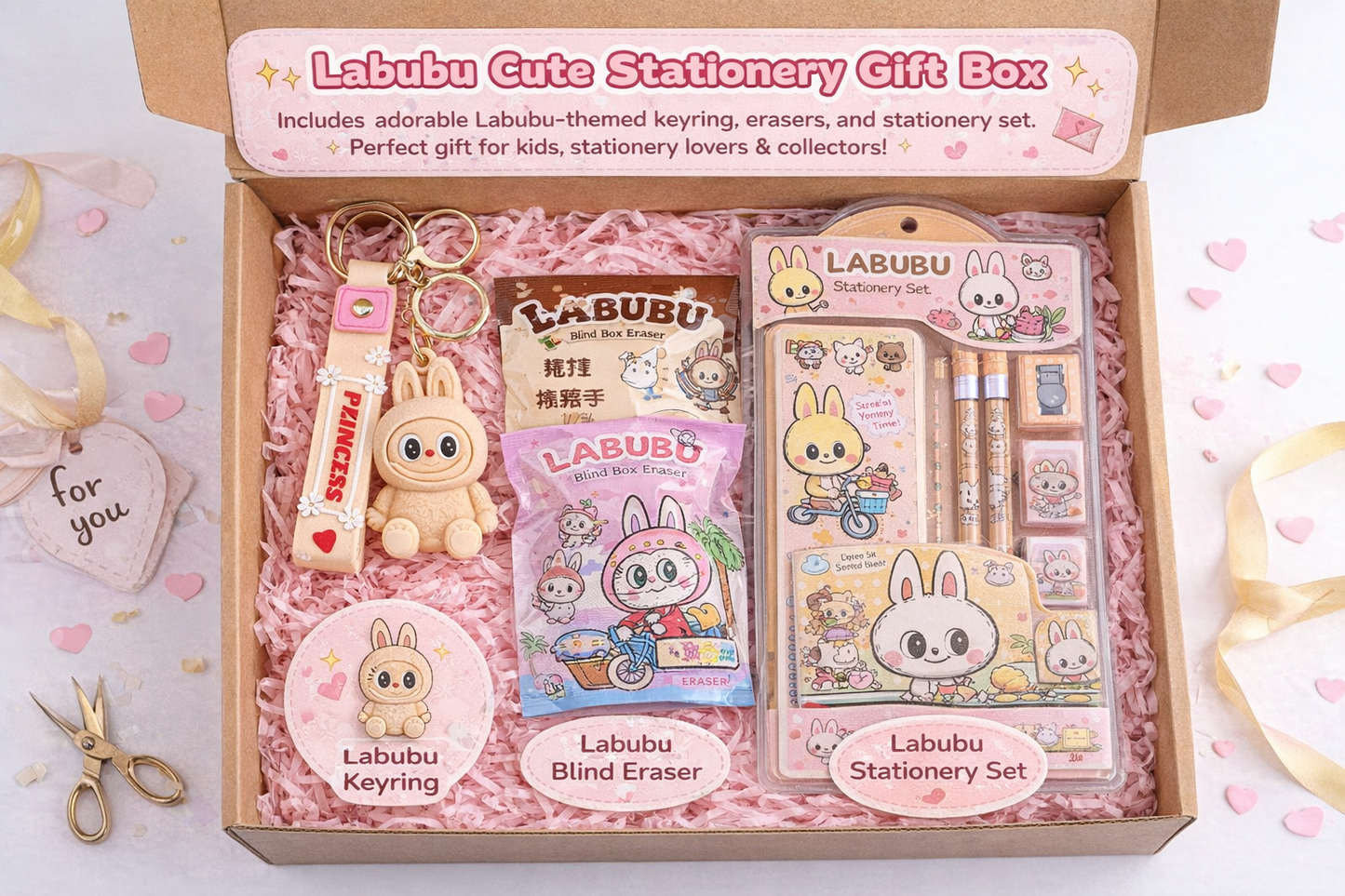 Labubu Cute Stationery Hamper Box | Premium Gift Set with Keyring, Blind Eraser & Stationery Kit | Aesthetic Return Gift for Kids & Girls