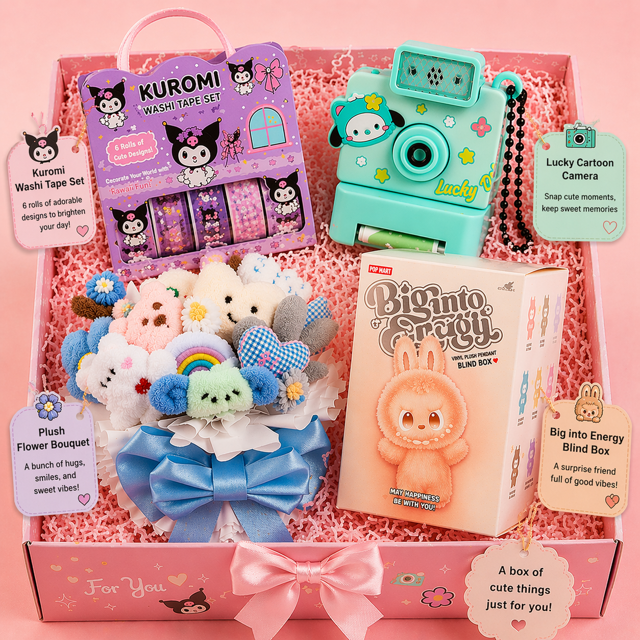 Kawaii Surprise Gift Hamper – Washi Tape Set, Lucky Cartoon Camera, Plush Flower Bouquet & Blind Box Combo