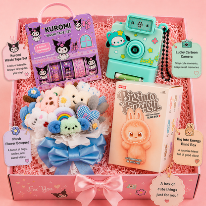 Kawaii Surprise Gift Hamper – Washi Tape Set, Lucky Cartoon Camera, Plush Flower Bouquet & Blind Box Combo