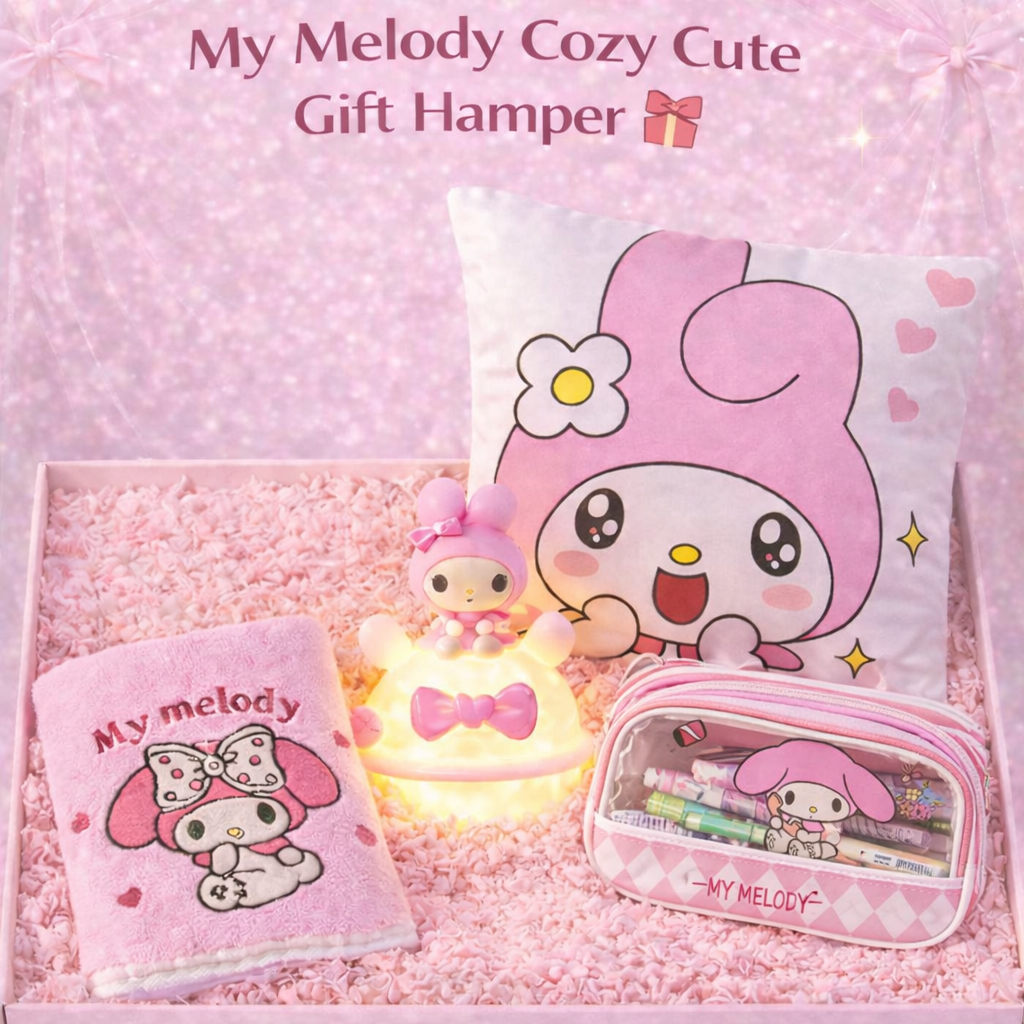 My Melody Cozy Cute Kawaii Gift Hamper – Sanrio Gift Box with Cushion Pillow, Night Lamp, Lunch Box & Pencil Case