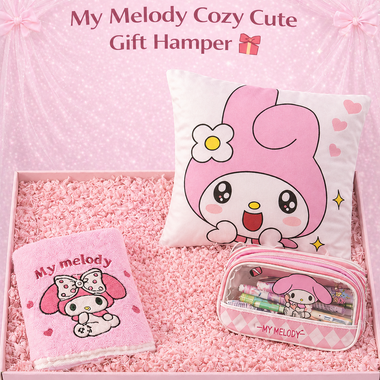 My Melody Cozy Cute Kawaii Gift Hamper – Sanrio Gift Box with Cushion Pillow, Lunch Box & Pencil Case