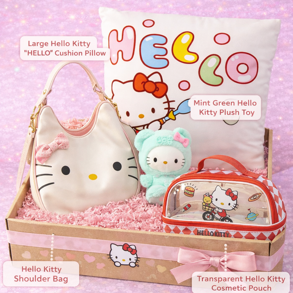 Hello Kitty Premium Kawaii Gift Hamper – Sanrio Gift Box with Cushion Pillow, Shoulder Bag, Plush Toy & Cosmetic Pouch