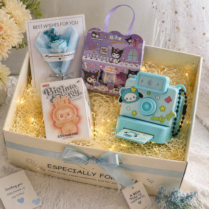 A Little Box of Happiness – Cute Gift Hamper with Washi Tape, Cartoon Camera, Blind Box &amp; Flower Card