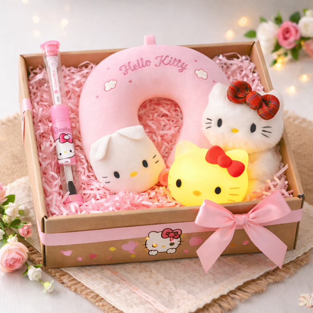 Hello Kitty Cute Essentials Gift Hamper – Sanrio Gift Set with Toothbrush, Neck Pillow, Scrunchie & Night Light