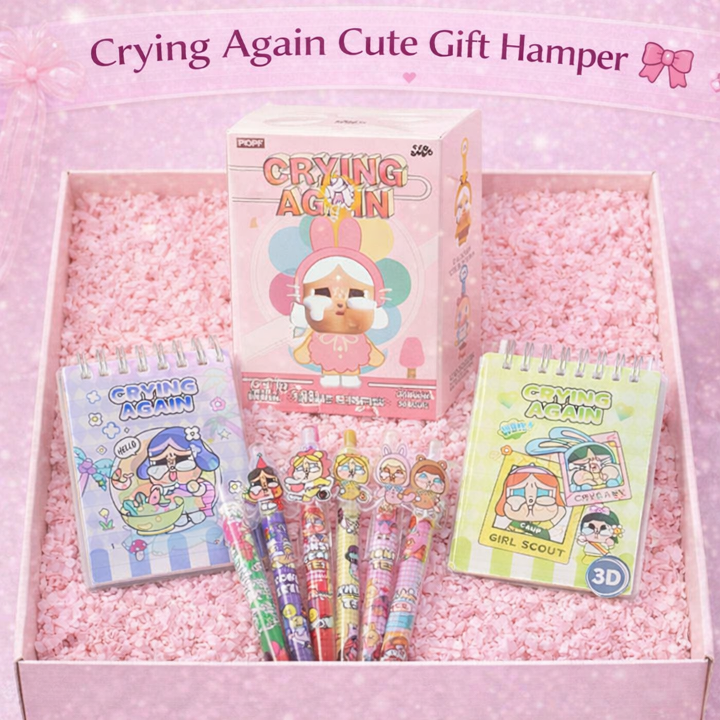 Crying Again Cute Gift Hamper – Blind Box Toy, Mini Diary Set (2 pcs) & Cartoon Gel Pen Set (Pack of 6) | Gift Ready Stationery Hamper