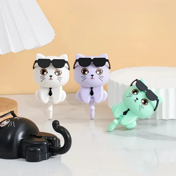 Cute Sunglasses Cat Wall Hook | Self-Adhesive Cartoon Cat Key Holder & Utility Hanging Hook for Home Decor