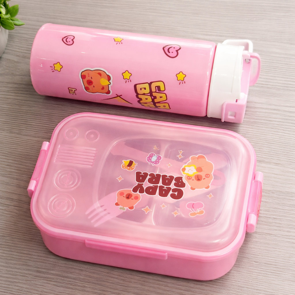 Capybara Kawaii Lunch Box & Water Bottle Combo Set | Stainless Steel Inner | Cute Kids School Tiffin & Bottle Set