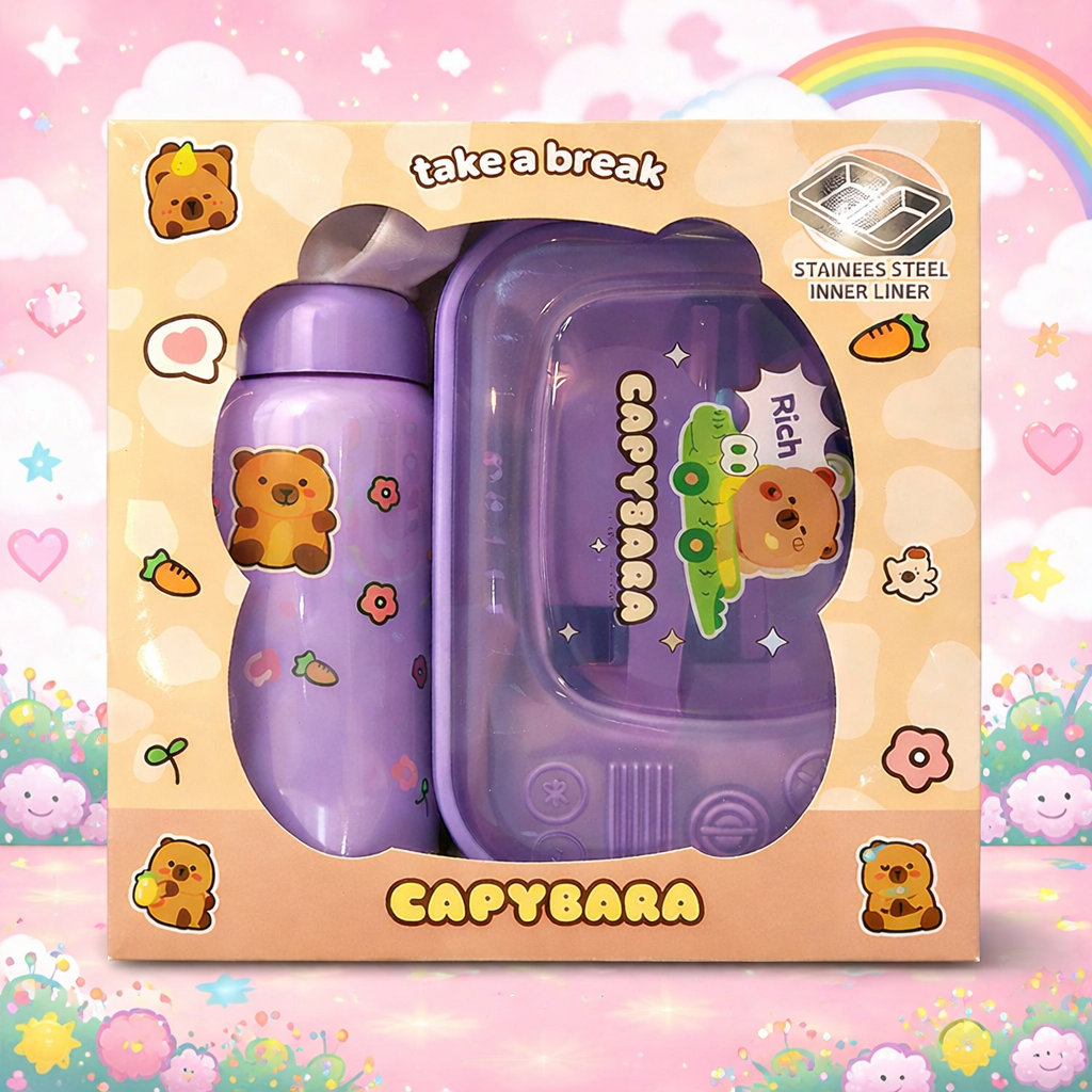 Capybara Kawaii Lunch Box & Water Bottle Combo Set | Stainless Steel Inner | Cute Kids School Tiffin & Bottle Set