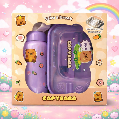 Capybara Kawaii Lunch Box & Water Bottle Combo Set | Stainless Steel Inner | Cute Kids School Tiffin & Bottle Set