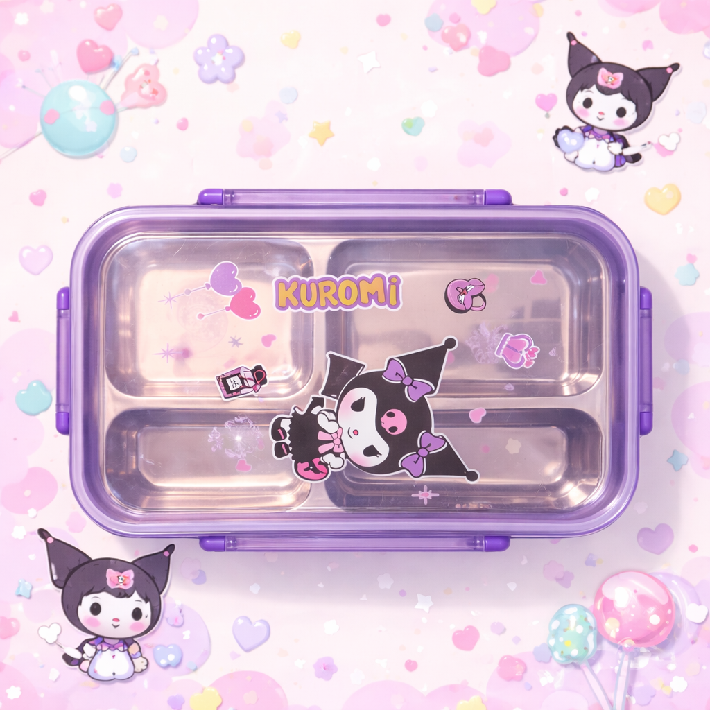 Kawaii Sanrio Style 3-Compartment Lunch Box | Kuromi, Cinnamoroll, My Melody & Pochacco Bento Box for Kids & Adults