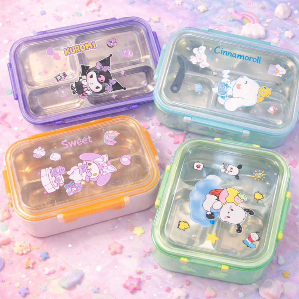 Kawaii Sanrio Style 3-Compartment Lunch Box | Kuromi, Cinnamoroll, My Melody & Pochacco Bento Box for Kids & Adults
