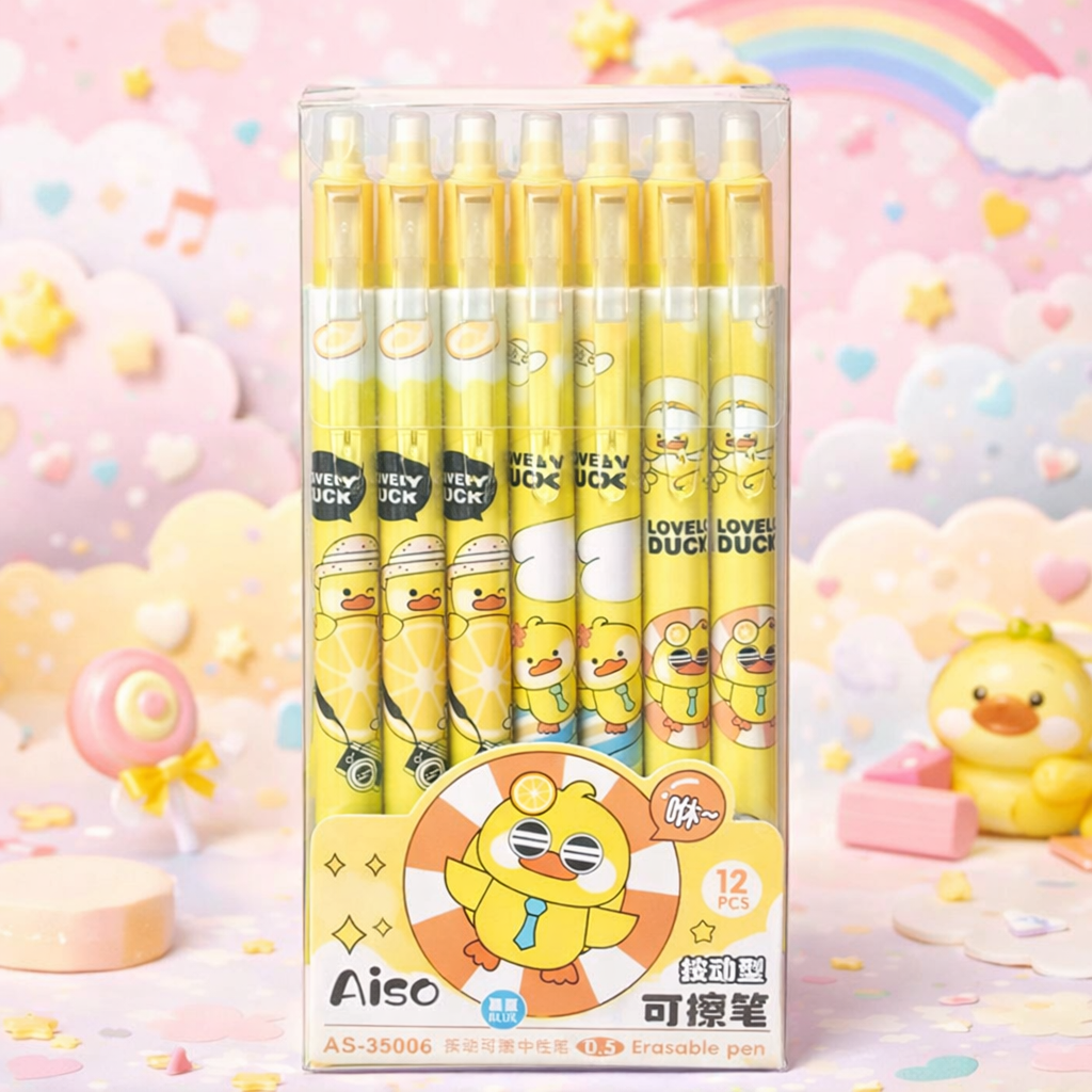 Kawaii 0.5mm Erasable Gel Pen Set (12 PCS) – Cute Cartoon Blue Ink Pens for School, Office & Journaling