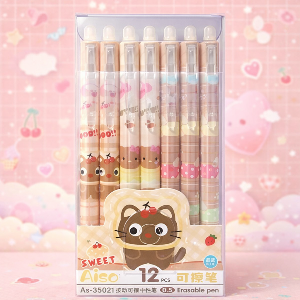 Kawaii 0.5mm Erasable Gel Pen Set (12 PCS) – Cute Cartoon Blue Ink Pens for School, Office & Journaling