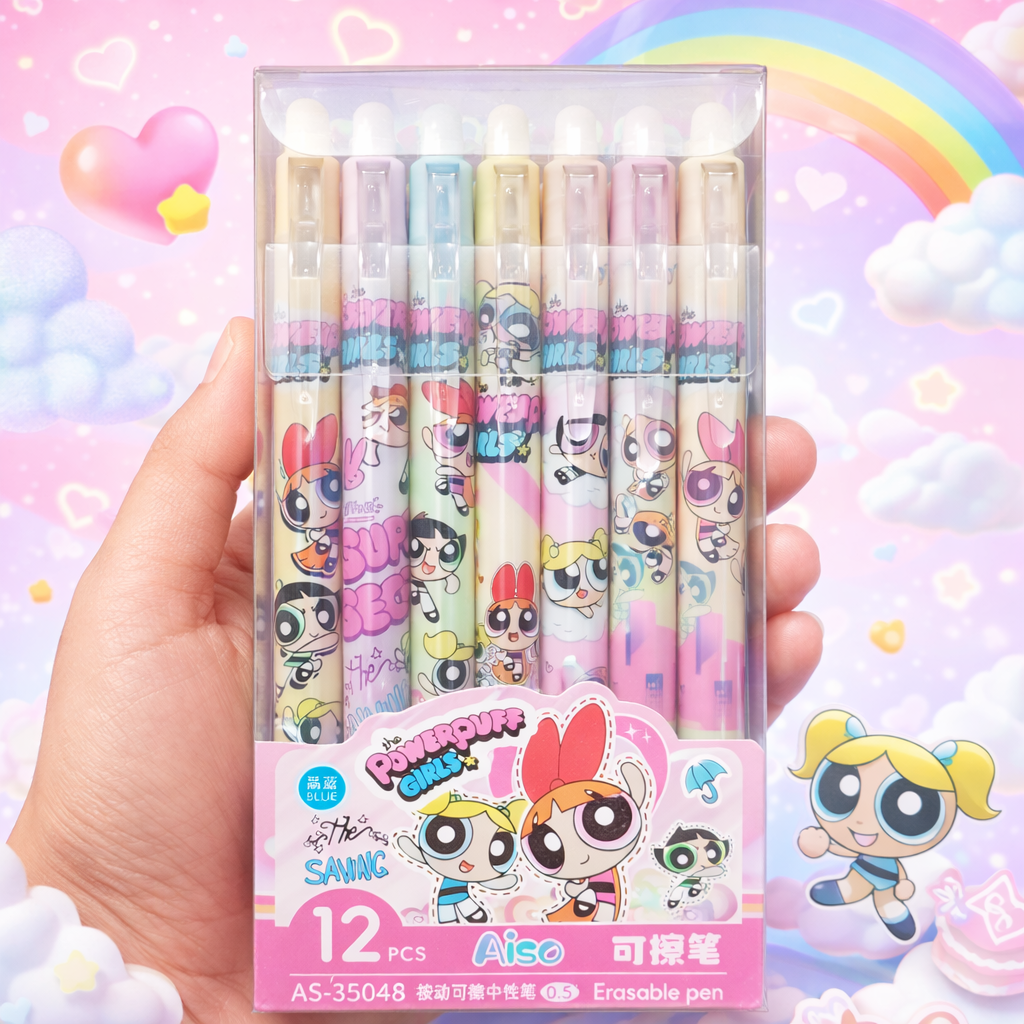 Kawaii 0.5mm Erasable Gel Pen Set (12 PCS) – Cute Cartoon Blue Ink Pens for School, Office & Journaling