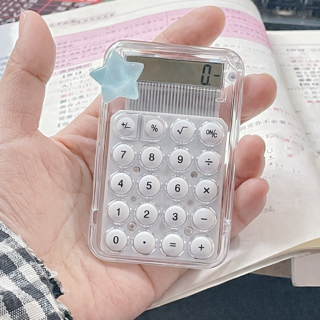 Kawaii Star Transparent Mini Calculator – Cute Pastel Pocket Calculator (Pink & White)