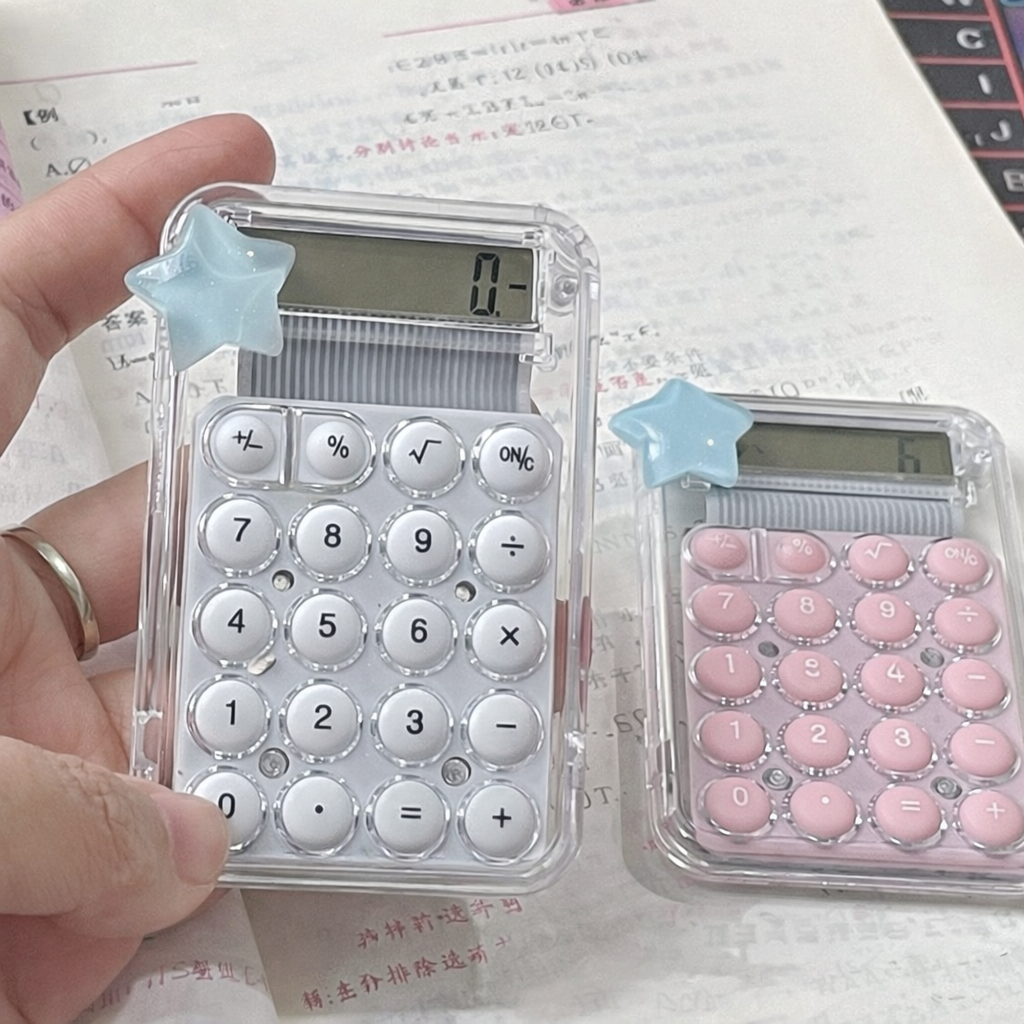 Kawaii Star Transparent Mini Calculator – Cute Pastel Pocket Calculator (Pink & White)