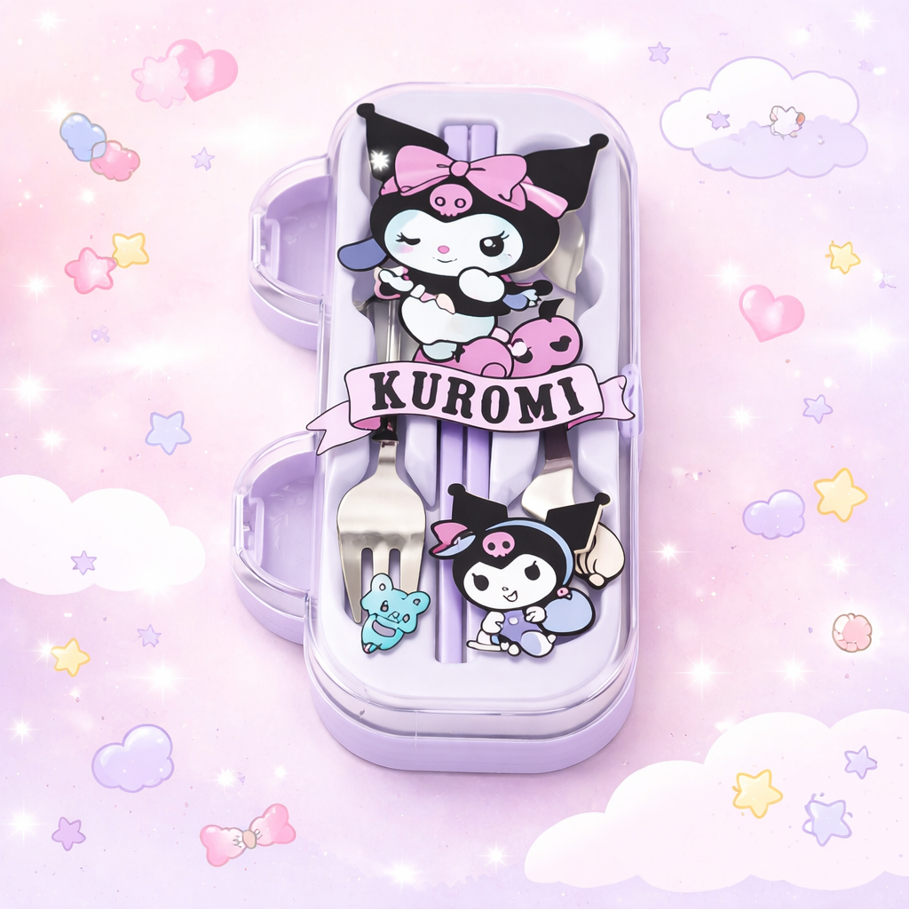 Kawaii Sanrio Spoon & Fork Cutlery Case Set – Kuromi / My Melody / Cinnamoroll Portable Kids Lunch Utensils