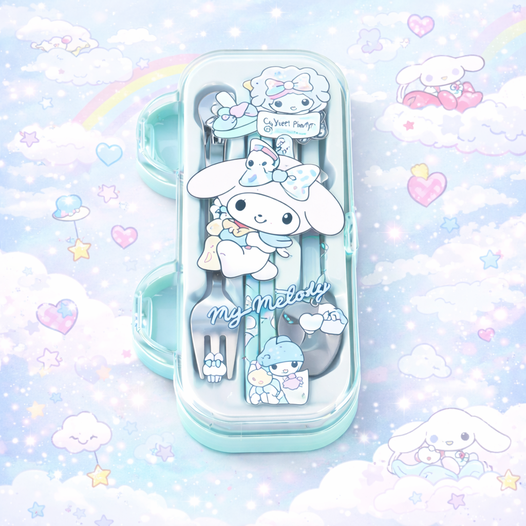 Kawaii Sanrio Spoon & Fork Cutlery Case Set – Kuromi / My Melody / Cinnamoroll Portable Kids Lunch Utensils
