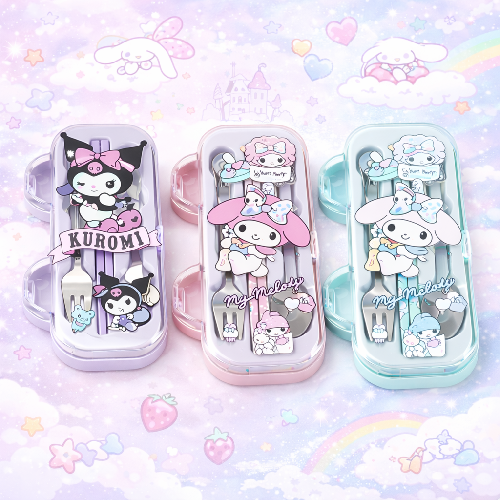 Kawaii Sanrio Spoon & Fork Cutlery Case Set – Kuromi / My Melody / Cinnamoroll Portable Kids Lunch Utensils