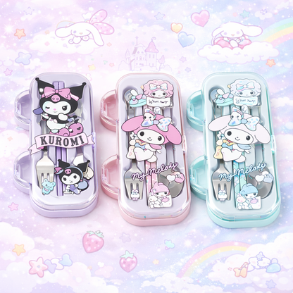 Kawaii Sanrio Spoon & Fork Cutlery Case Set – Kuromi / My Melody / Cinnamoroll Portable Kids Lunch Utensils