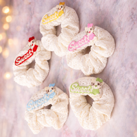 Kawaii Lace Hair Scrunchies Set of 5 – Cute “Sweet” Cartoon Embroidered Scrunchy Pack | Soft Fabric Hair Ties for Girls & Women