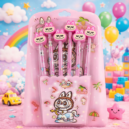 Kawaii Cartoon Character Pencil with Eraser (Pack of 6 pencil) – Kuromi, Capybara & Labubu Cute Pencil Set