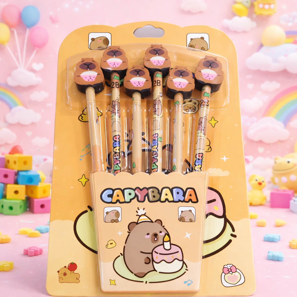 Kawaii Cartoon Character Pencil with Eraser (Pack of 6 pencil) – Kuromi, Capybara & Labubu Cute Pencil Set