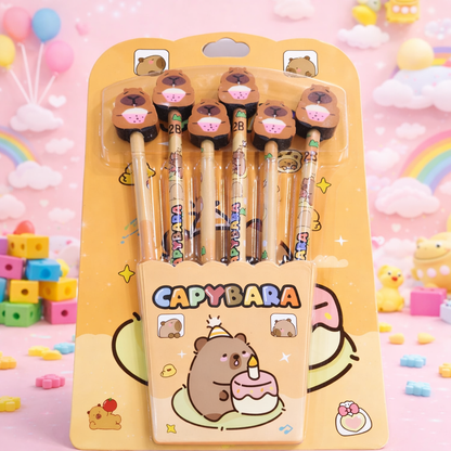 Kawaii Cartoon Character Pencil with Eraser (Pack of 6 pencil) – Kuromi, Capybara & Labubu Cute Pencil Set