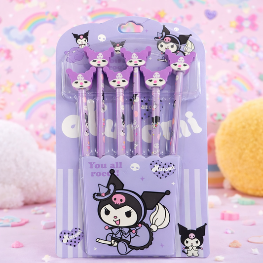 Kawaii Cartoon Character Pencil with Eraser (Pack of 6 pencil) – Kuromi, Capybara & Labubu Cute Pencil Set