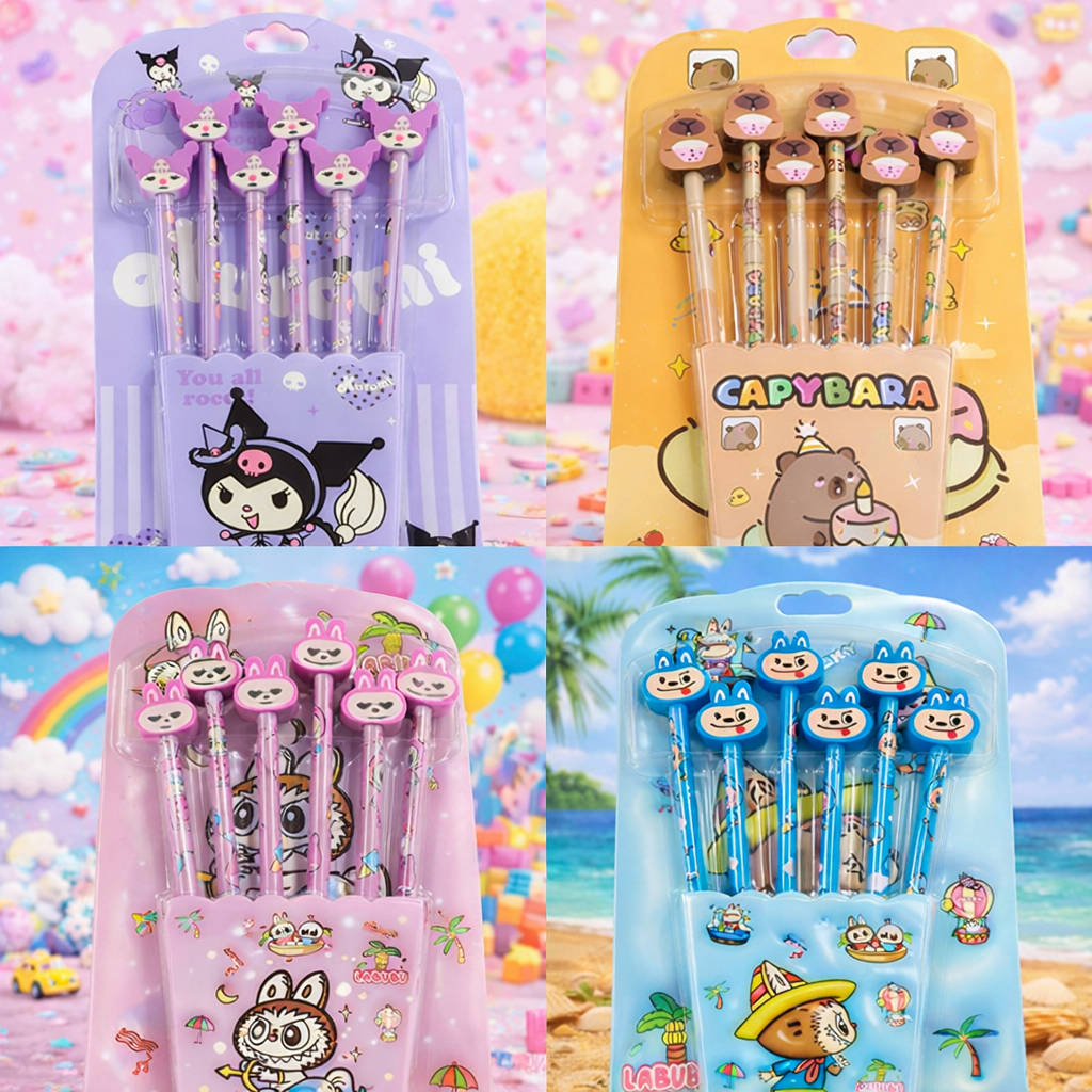 Kawaii Cartoon Character Pencil with Eraser (Pack of 6 pencil) – Kuromi, Capybara & Labubu Cute Pencil Set