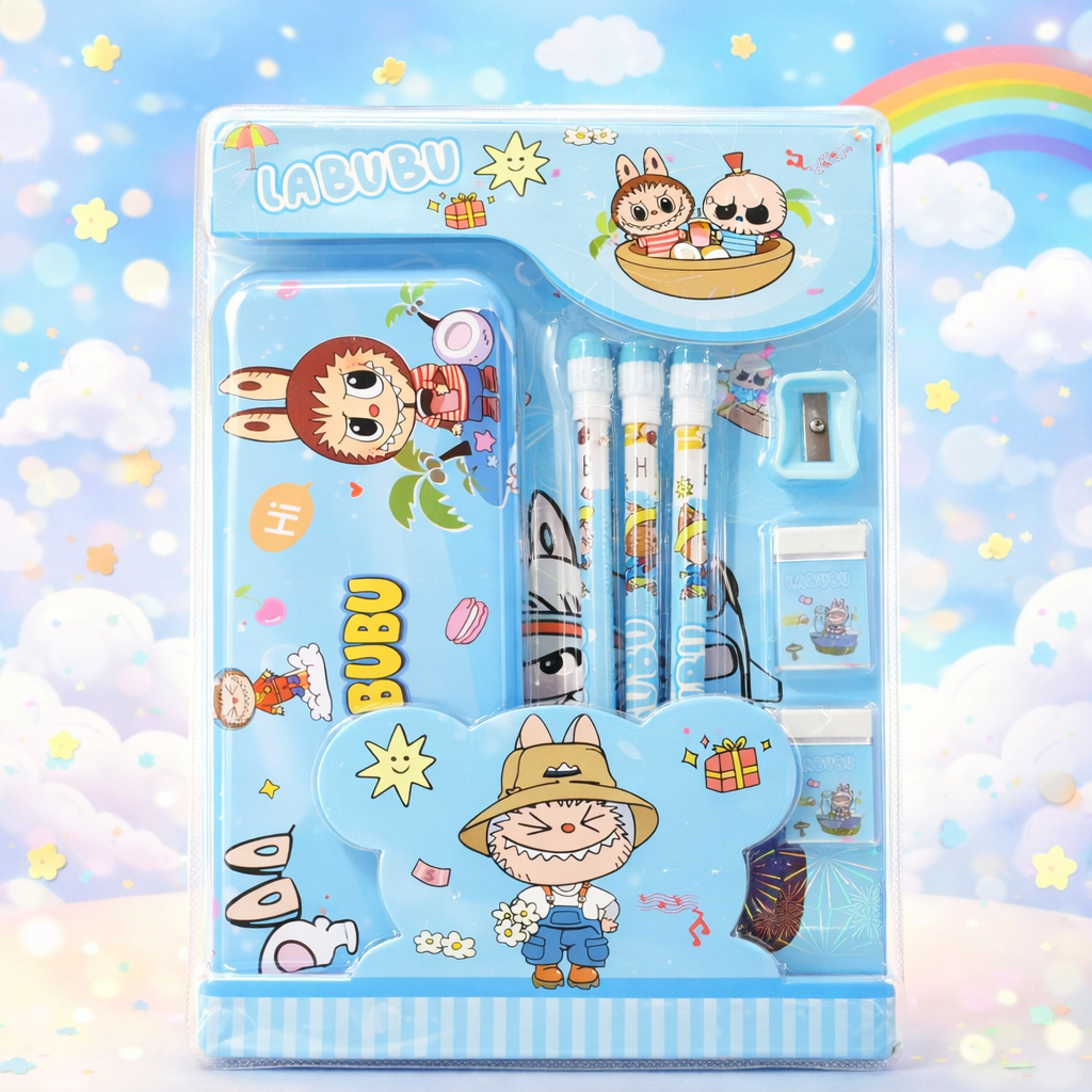 Kawaii Character Stationery Gift Set – Capybara, Labubu & Kuromi Cute Pencil Box Kit with Pencils, Eraser & Sharpener for Kids & Students