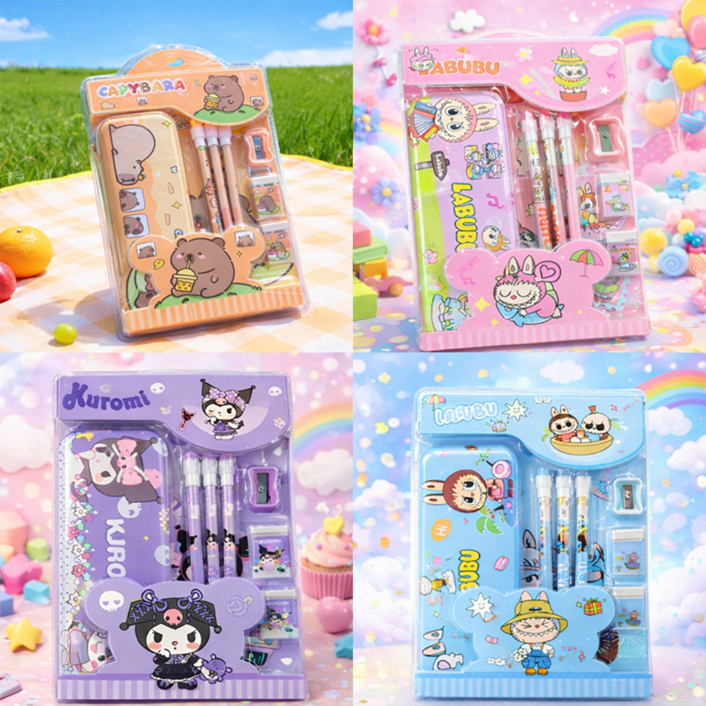 Kawaii Character Stationery Gift Set – Capybara, Labubu & Kuromi Cute Pencil Box Kit with Pencils, Eraser & Sharpener for Kids & Students