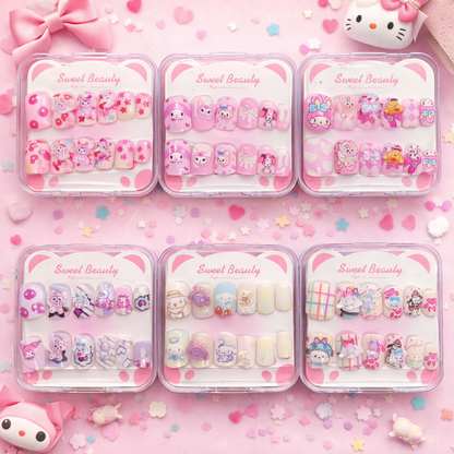 Kawaii Press-On Nail Art Set (Pack of 6) | Cute Cartoon & Pastel 3D Nails | Reusable Fake Nails for Girls & Teens