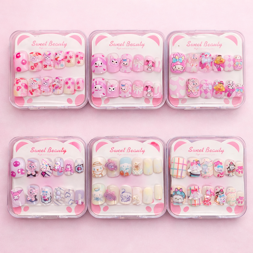 Kawaii Press-On Nail Art Set (Pack of 6) | Cute Cartoon & Pastel 3D Nails | Reusable Fake Nails for Girls & Teens