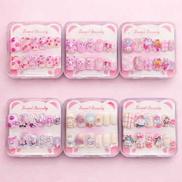 Kawaii Press-On Nail Art Set (Pack of 6) | Cute Cartoon & Pastel 3D Nails | Reusable Fake Nails for Girls & Teens