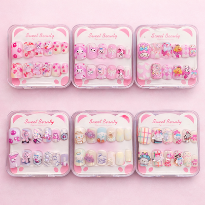 Kawaii Press-On Nail Art Set (Pack of 6) | Cute Cartoon & Pastel 3D Nails | Reusable Fake Nails for Girls & Teens