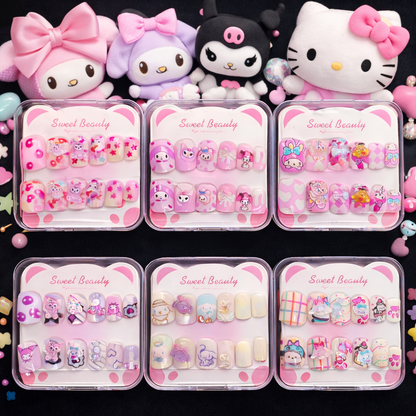 Kawaii Press-On Nail Art Set (Pack of 6) | Cute Cartoon & Pastel 3D Nails | Reusable Fake Nails for Girls & Teens