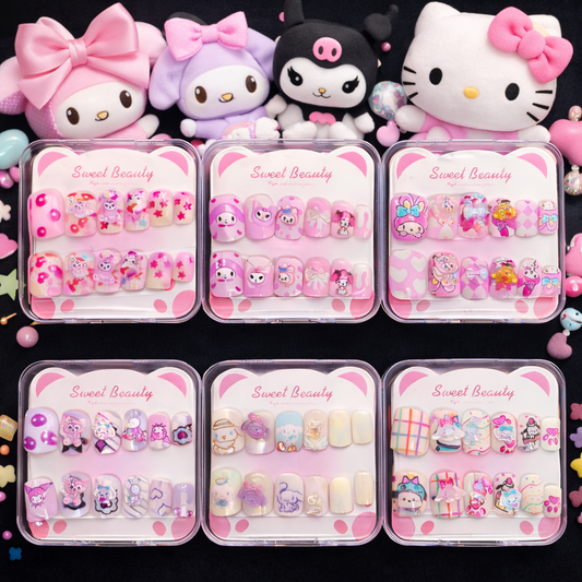 Kawaii Press-On Nail Art Set (Pack of 6) | Cute Cartoon & Pastel 3D Nails | Reusable Fake Nails for Girls & Teens