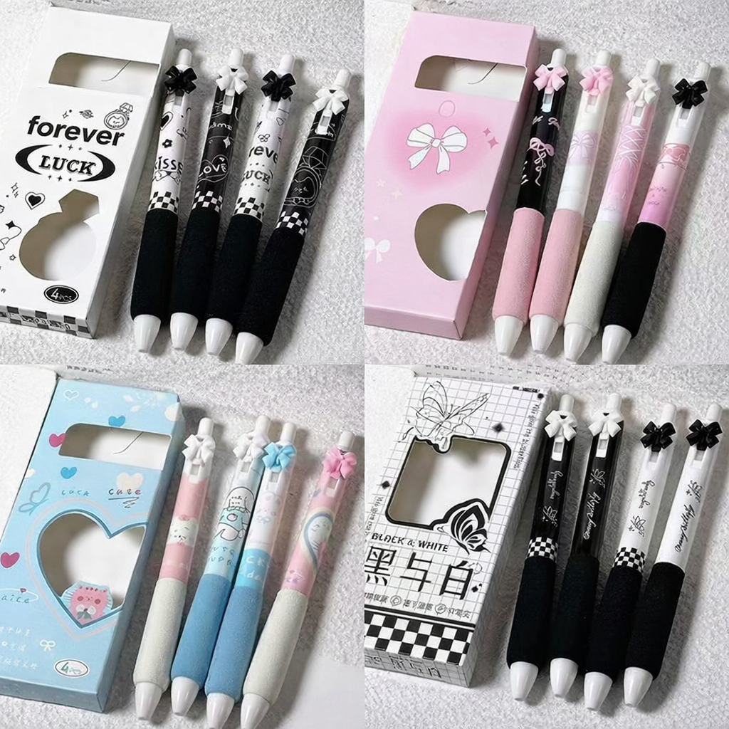 Kawaii Bow-Themed Gel Pen Set (Pack of 4) | Cute Aesthetic Black Ink Pens for School, Office & Journaling