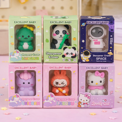 Kawaii Cartoon Eraser Cum Sharpener Set of 6 | Cute Panda, Dinosaur, Unicorn, Astronaut & Bunny Pencil Sharpener Erasers for Kids & Students