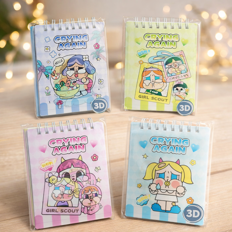 Crying Again Cute Gift Hamper – Blind Box Toy, Mini Diary Set (2 pcs) & Cartoon Gel Pen Set (Pack of 6) | Gift Ready Stationery Hamper