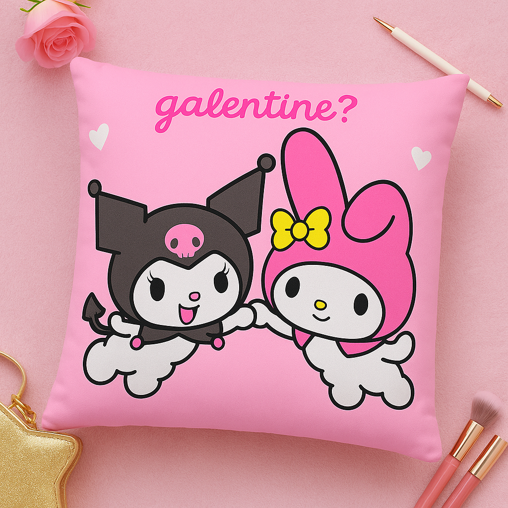 Kawaii Galentine Kuromi & My Melody Cushion – Soft Plush Throw Pillow