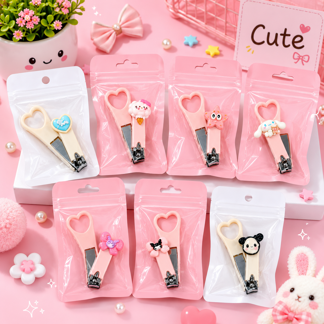 Kawaii Cartoon Nail Clipper Set of 3 – Cute Heart Shape Nail Cutter with Nail Cleaner | Portable Manicure Grooming Tool for Kids & Adults